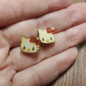 Hello Kitty Red bow wood stud stainless earrings